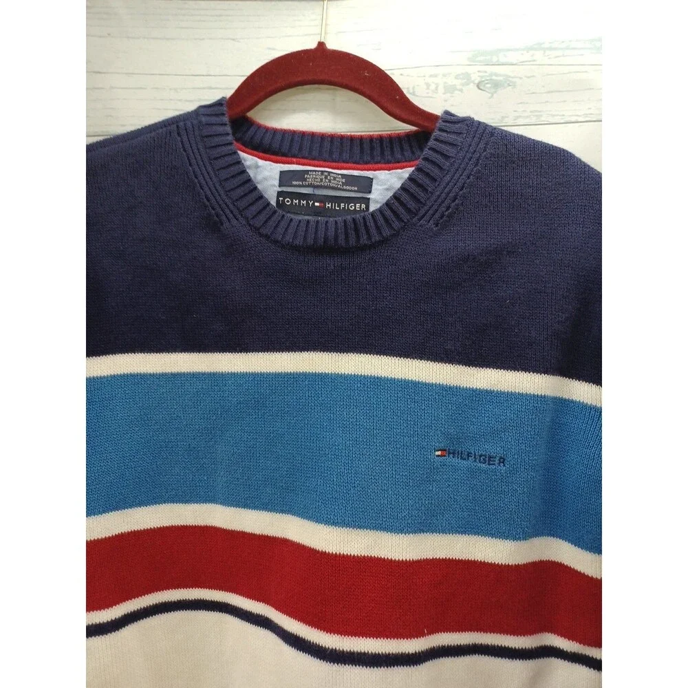 Vintage Y2K Tommy Hilfiger Striped Sweater Sz L Striped Logo